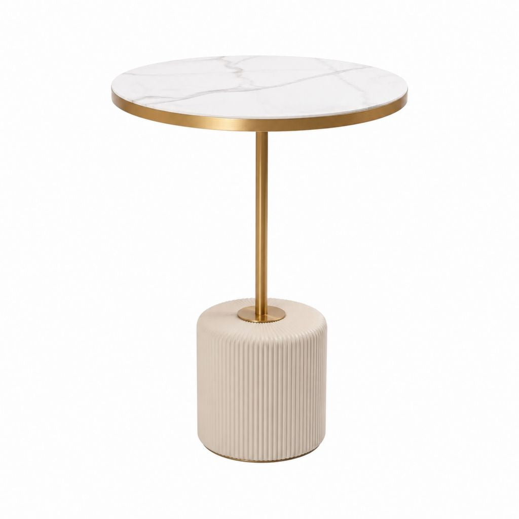 Table d'appoint ronde blanche et dorée avec plateau effet marbre en MDF Ø 50 cm x H 65 cm