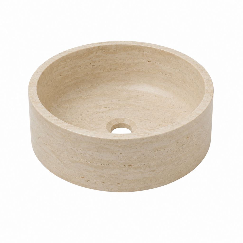 Vasque à poser ronde en travertin beige diamètre 40 cm hauteur 15 cm