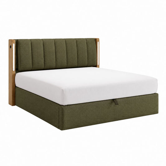 Lit coffre 160 x 200 cm vert en polyester et hévéa massif avec tête de lit capitonnée