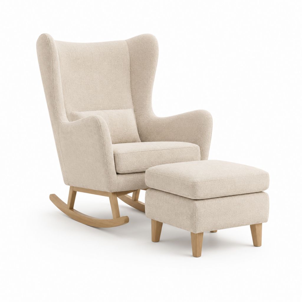 Fauteuil à bascule avec repose-pieds beige en polyester et bois massif 78 x 95 x 105 cm
