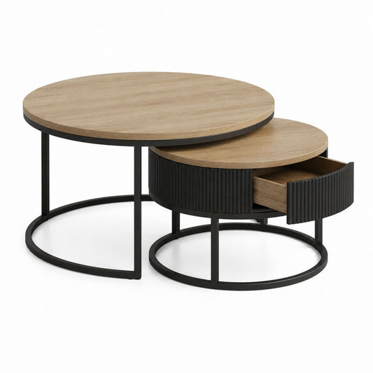 Tables basses gigognes rondes avec tiroir chêne clair et noir en MDF et acier 80 x 80 x 45 cm et 60 x 60 x 38 cm