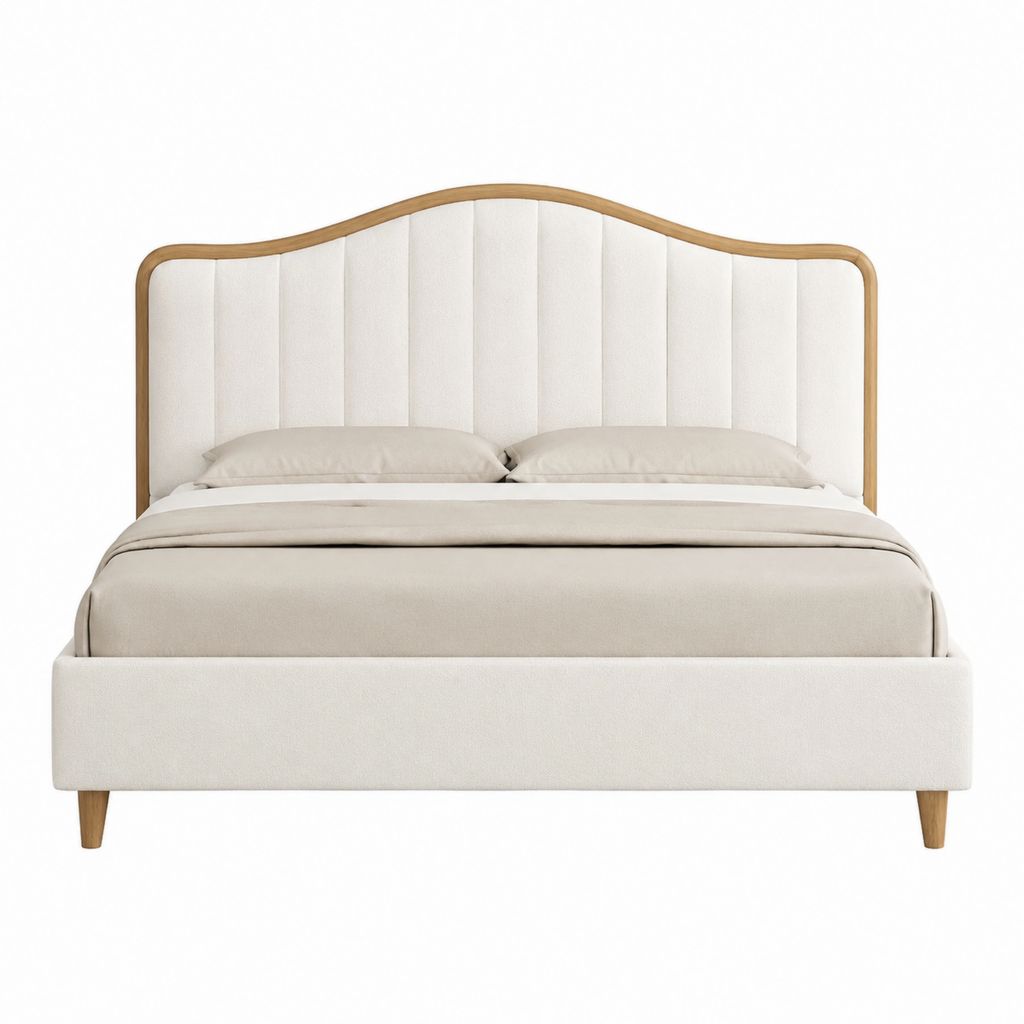 Lit coffre 160 x 200 cm beige en polyester avec tête de lit capitonnée et cadre en bois massif