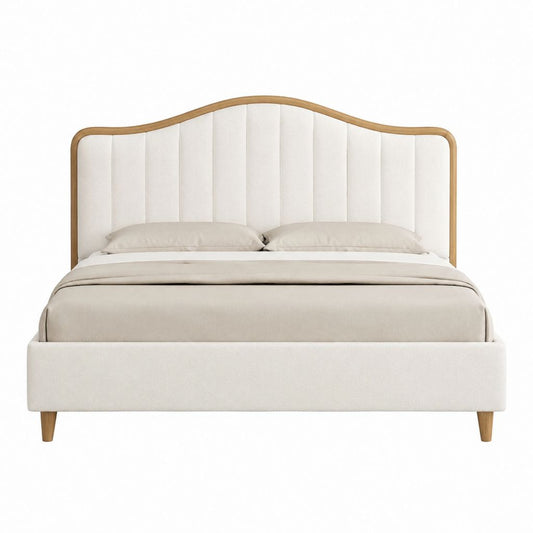 Lit coffre 160 x 200 cm beige en polyester avec tête de lit capitonnée et cadre en bois massif