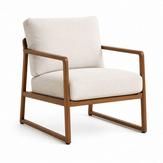 Fauteuil de salon beige en polyester avec structure en noyer massif 68 x 75 x 78 cm