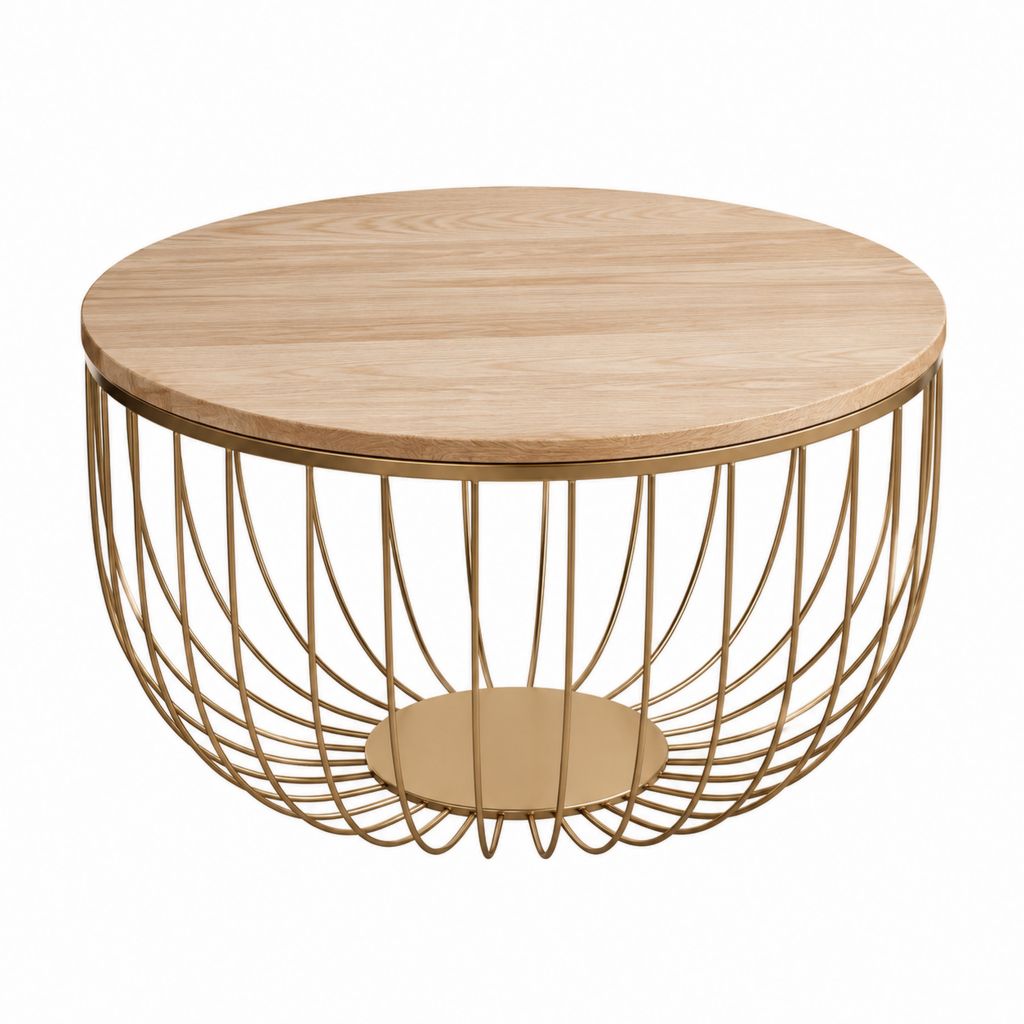 Table basse ronde avec plateau effet chêne et structure en acier doré Ø 80 x H 45 cm