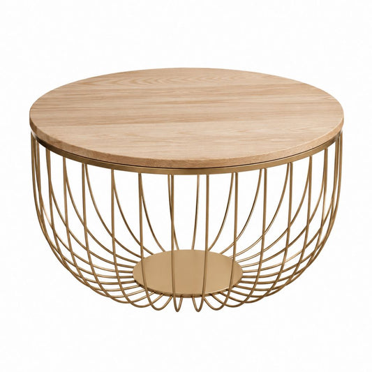 Table basse ronde avec plateau effet chêne et structure en acier doré Ø 80 x H 45 cm