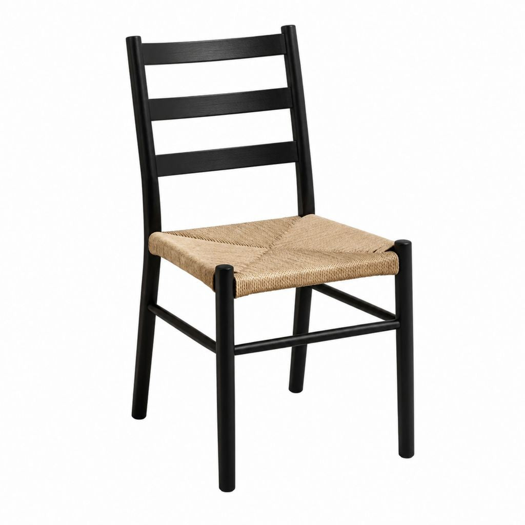 Chaise de salle à manger noire en hêtre massif avec assise tressée en corde de papier naturelle 45 x 50 x 85 cm