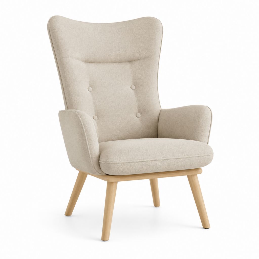 Fauteuil à oreilles beige en polyester avec pieds en bois d'hévéa 74 x 80 x 105 cm