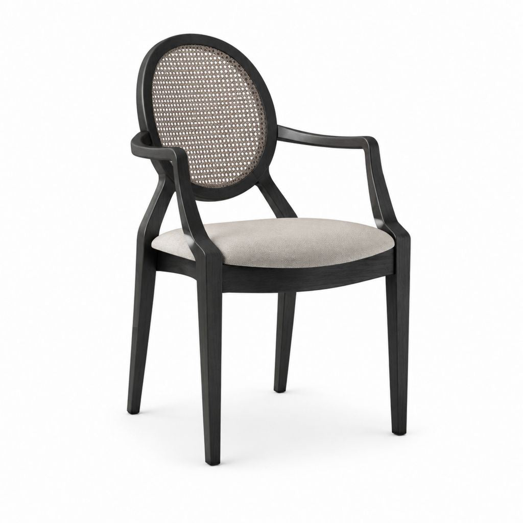 Chaise de salle à manger avec accoudoirs noire en hêtre massif dossier ovale en rotin assise beige 59 x 61 x 94 cm