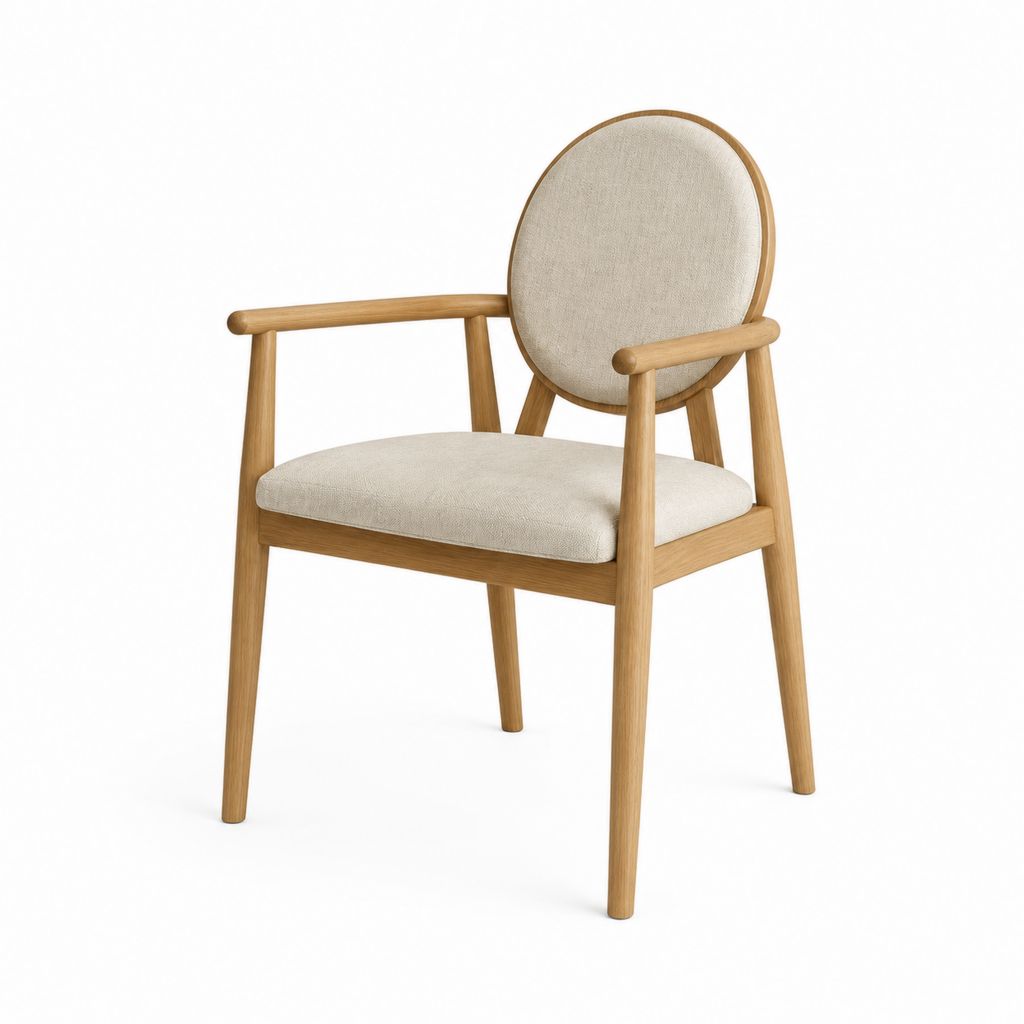 Chaise de salle à manger avec accoudoirs beige en chêne massif et polyester dossier rond 58 x 60 x 85 cm