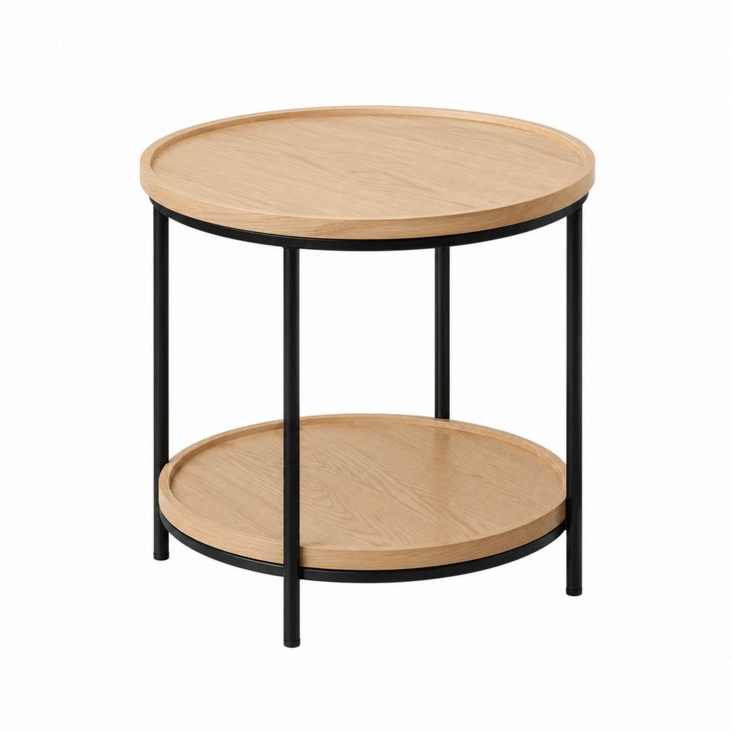 Table d’appoint ronde à 2 plateaux chêne clair et acier noir diamètre 50 cm hauteur 55 cm