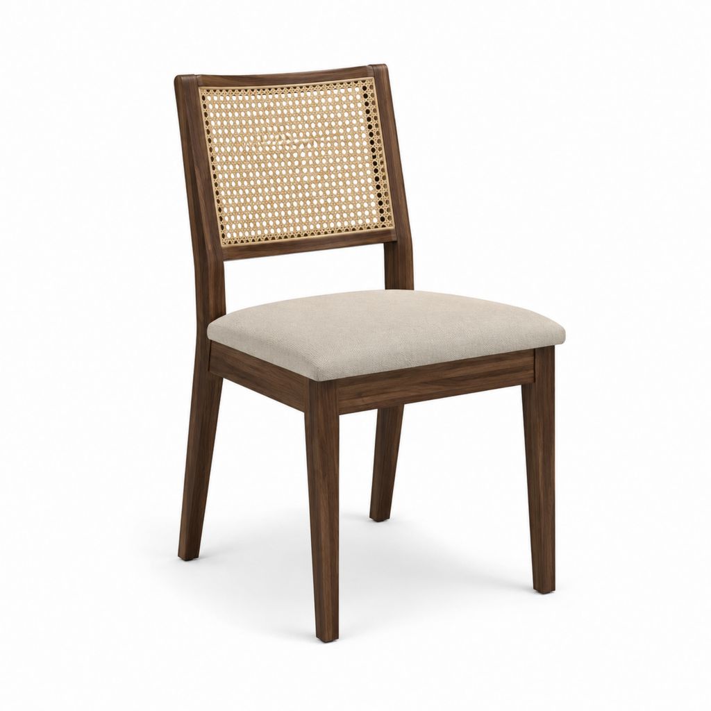 Chaise de salle à manger en noyer massif avec dossier en cannage naturel et assise beige 46 x 55 x 82 cm