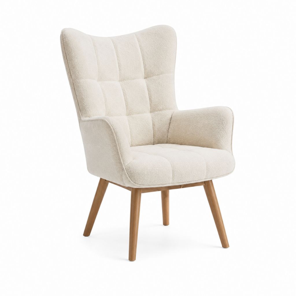 Fauteuil de salon à dossier haut crème en polyester avec pieds en bois massif 75 x 85 x 105 cm