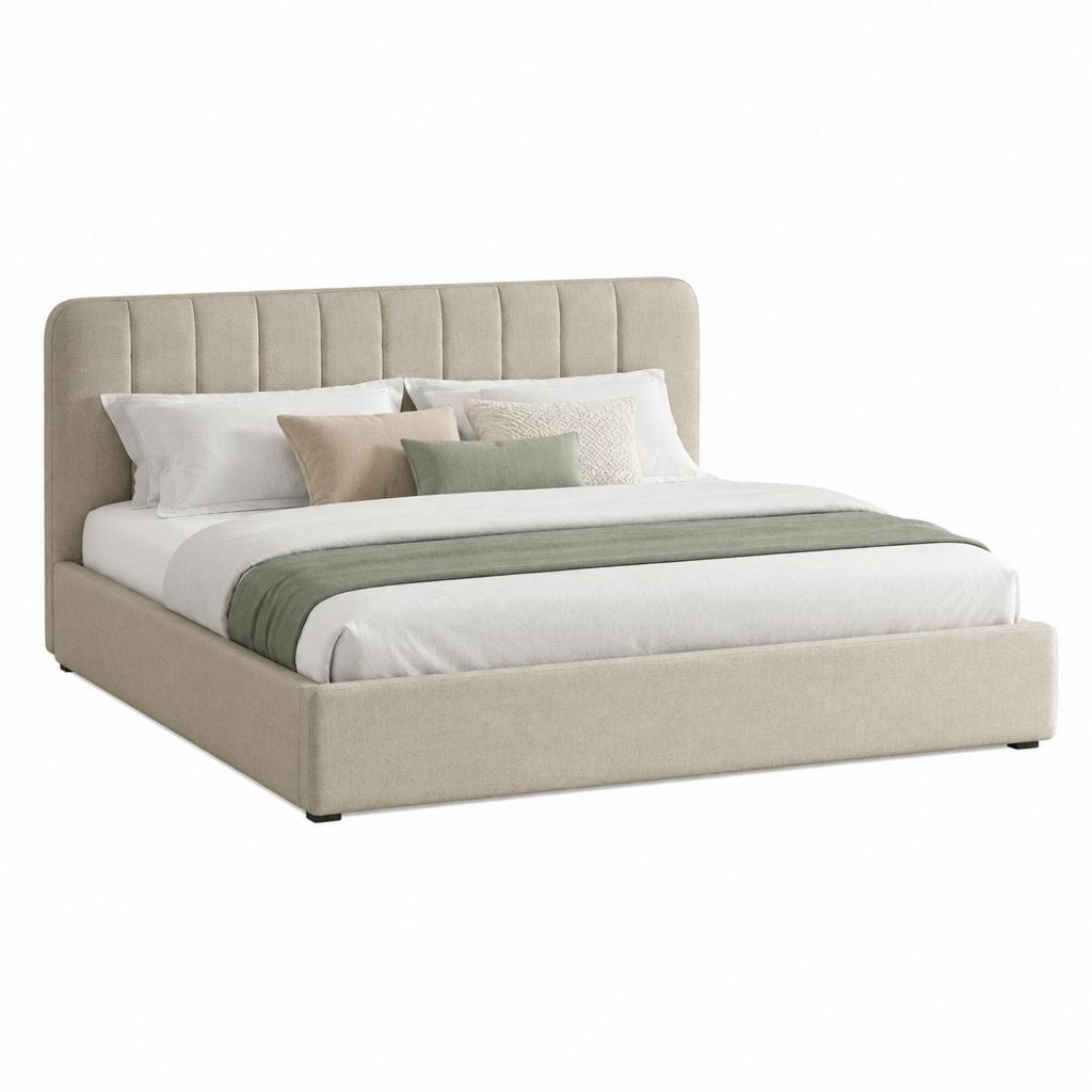 Lit coffre 160 x 200 cm beige en polyester avec tête de lit capitonnée