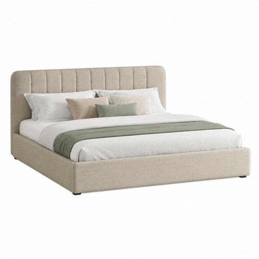 Lit coffre 160 x 200 cm beige en polyester avec tête de lit capitonnée